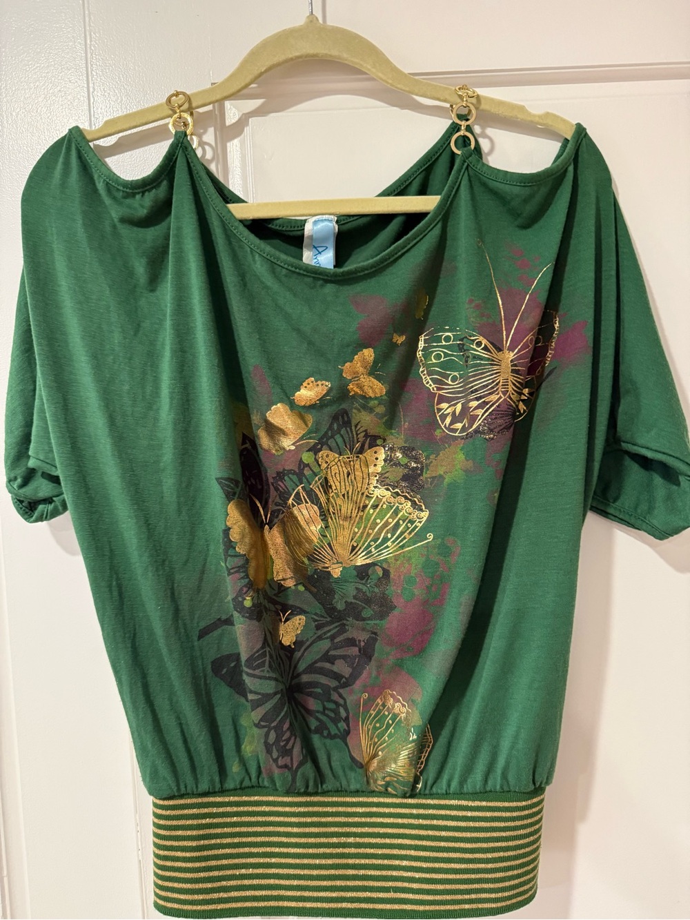 Annabelle Y2K Green Butterfly Print Tunic with Gold Accents